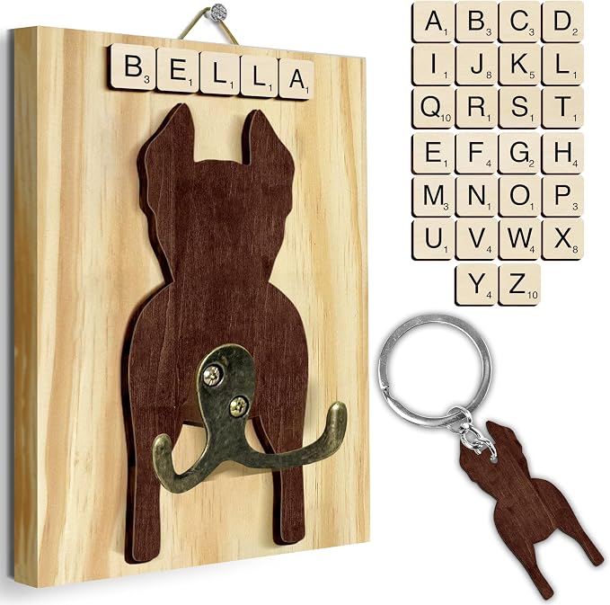 Doberman Dog Leash Holder Wall Mount with Scrabble Letters, Wooden Dog Wall Hook Organizer, Pet Collar and Harness Holder Entryway, Key Hook and Leash Rack, Gift for Pet Lovers, Home Decor PF297-33