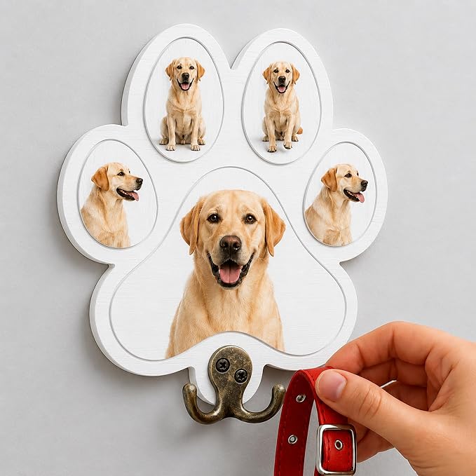 Personalized Paw Print Leash Holder for Wall Mount, Custom Wooden Dog Key Holder with Custom Photo, Pet Collar and Harness Organizer for Entryway, Key Hook Gift for Pet Lovers & Dog Owners, Home Décor