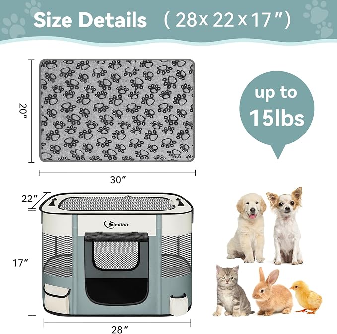 Siedihit 28" Dog Playpen,Cat Puppy Pen, Pet Portable Crate Indoor Outdoor | Durable Travel Camping Use,Foldable Dog Kennel Tent Cage for Rabbit Small Animals with Carrying Case(Grey with Blanket, Small