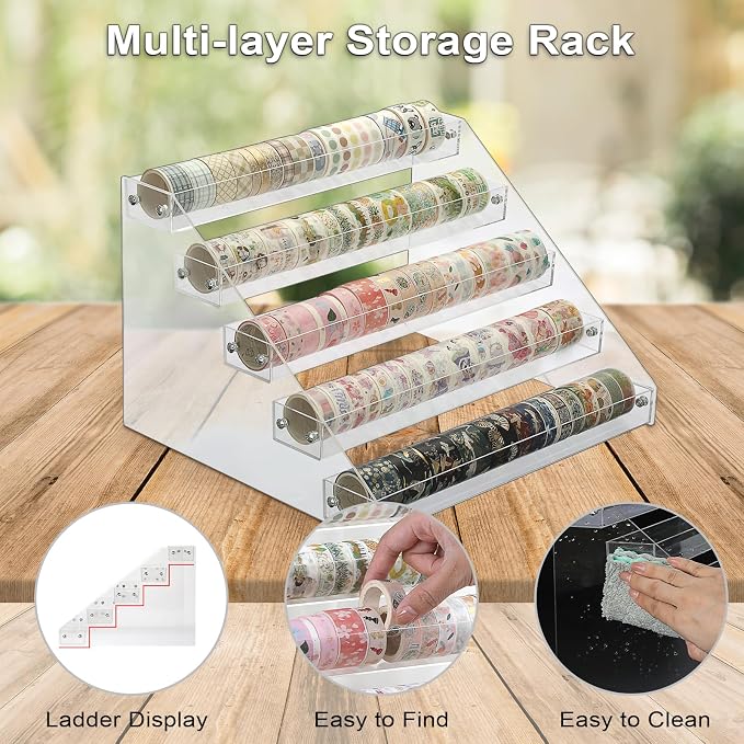 BTSKY 5 Tier Washi Tape Organizer - Clear Plastic Washi Tape Storage Rack, Assembly Washi Tape Storage Holder Washi Tape Dispenser Desk Accessories Display Caddy for Scrapbooking Art Craft Supplies