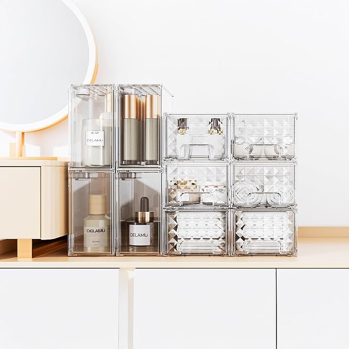 Delamu 2 Pack Stackable Storage Drawers organizer, Clear | Acrylic Makeup Organizer for Bathroom Countertop Storage, Desk, Vanity, Medicine Cabinet, Under Sink, Baby Bottles, for Women