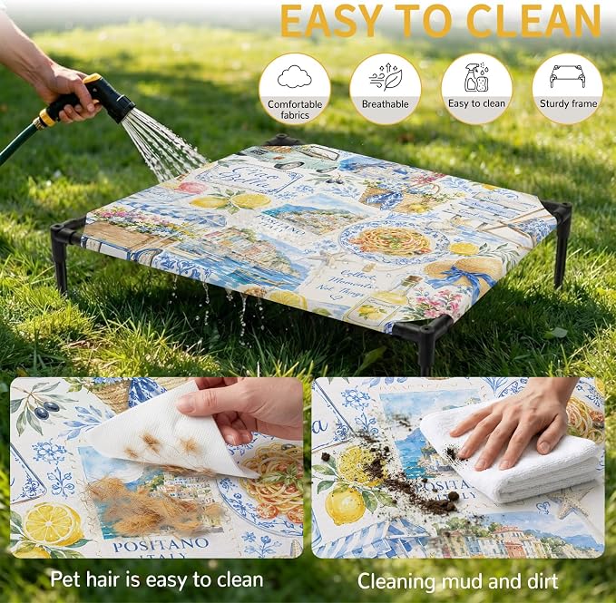 Summer Village Elevated Dog Bed, Coastal Blue Flowers Cart Yellow Lemons Starfish Outdoor Raised Pet Bed for Dogs Cats, Portable Breathable Cooling Waterproof Pet Cot 20x20 Inch