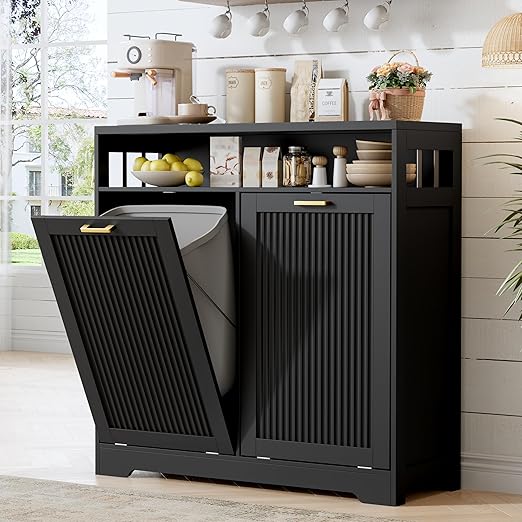 13 Gallon Double Tilt Out Trash Can Cabinet with Open Shelf & Storage - Pet Proof Hidden Recycling Cabinet & Wooden Laundry Hamper for Kitchen, Bathroom, Living Room, Black