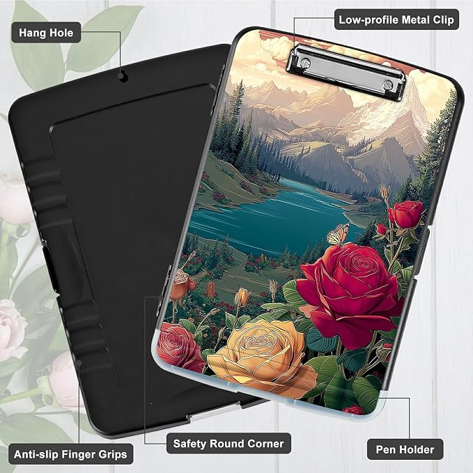 A4 Clipboard with Storage Pen Holder, Clipboards Organizer Nursing Clipboard Foldable File Folder Plastic Clipboard Folio Clip Board for Office Work Classroom Doctor, Rose Mountain Clouds