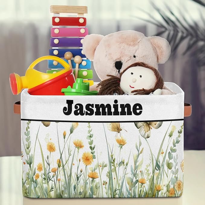 Personalized Foldable Spring Floral Storage Basket with Name for Boys, Laundry Hamper Dirty Clothes Pet Toys Storage Bin with Handles for Shelf Home Closet, Spring Wild Floral Butterfly Watercolor