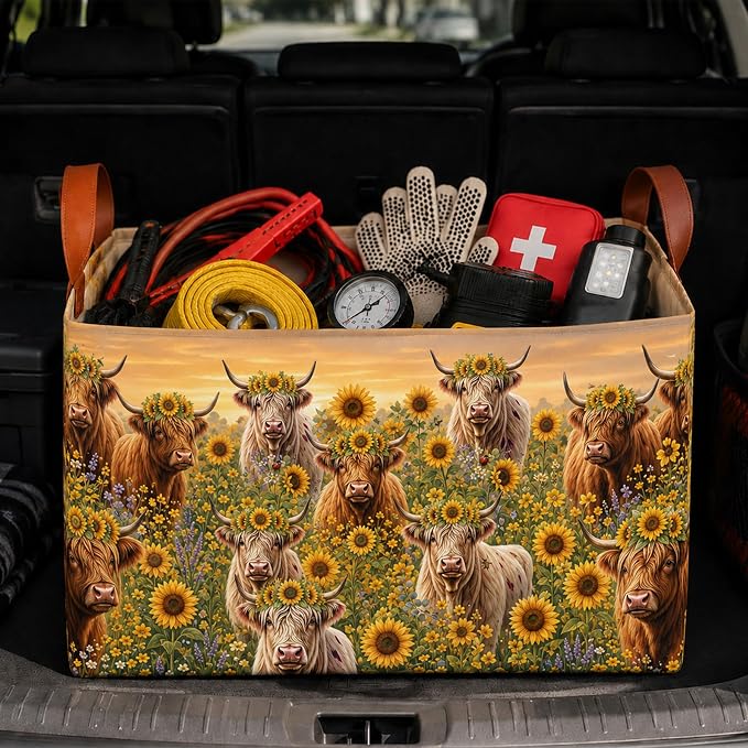 Highland Cow Car Trunk Organizer 20L Fold Auto Storage Basket with Handles | Waterproof Soft Storage Chest,Shopping Grocery Bags Rectangle Fabric Bins Storage Box for Car SUV,Highland Cow Gifts