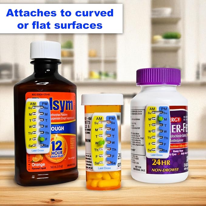 Pill Reminder Medication Tracker 2-Pack - Adhesive Dose Tracker for Prescription Bottles, Vitamins & Pet Medicine - AM/PM Daily Reminder Sticker - No Battery Required