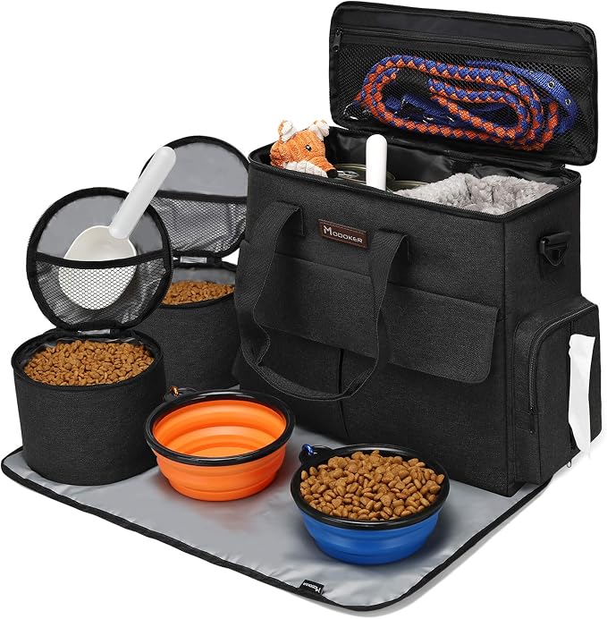 Modoker Weekend Dog Travel Bag Set with 2 Food Bags, 2 Bowls and Mat, Black | Dog Travel Accessories Organizer for Camping and Road Trips with Roomy Storage, Multiple Pockets and Water-Resistant Oxford
