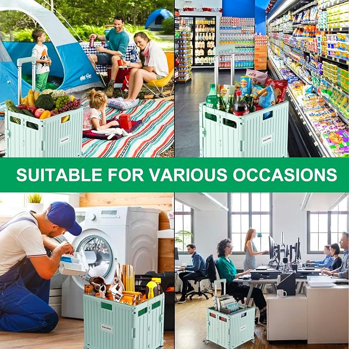 MACOPRO Folding Utility Cart Portable Rolling Crate Handcart Shopping Trolley Collapsible Tool Box, with Lid, Basket on 4 Rotate Wheels, for Grocery, Office, Teacher, Travel Shop Move Luggage (Green)