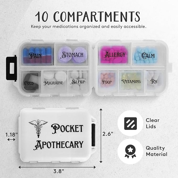 Pill Box with Sticker Labels - 10 Compartments Daily Pill Container - Travel Toiletries Medication Case with Secure Snap-Lock Closure