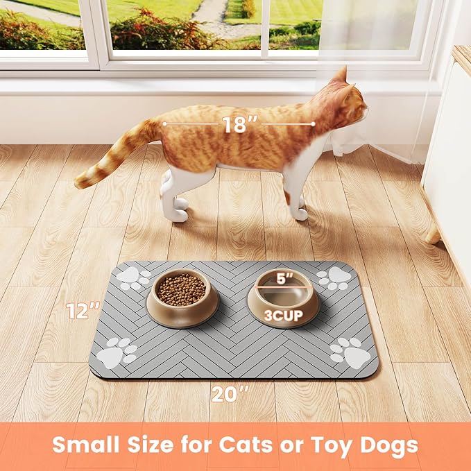 Pet Feeding Mat-Absorbent Pet Placemat for Food and Water Bowl, with Waterproof Rubber Backing, Quick Dry Water Dispenser Mat for Dog and Cat (27"x17", Striped Light Gray)