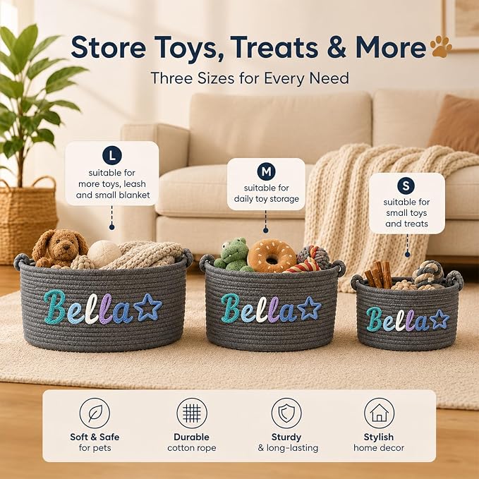 Personalized Dog Cat Toy Basket with Name, Custom Pet Storage Bin | for Puppies, Kittens, Dog Moms and Pet Owners; Organize Toys, Treats, Leashes and Blankets in Living Rooms or Pet Corners