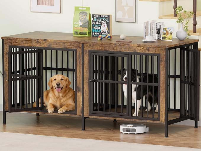 78" Double Dog Crate Furniture for Medium/Large Dogs, Brown | Thick wood, heavy-duty steel, 4-door escape-proof locks, waterproof scratch-resistant, extra-large, stylish, easy assembly