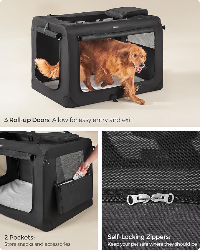 Feandrea Collapsible Soft Dog Crate, Portable Travel, 48 Inches | Dog Carrier Kennel with Safety Zippers for Living Room, Car, Travelling, Black UPDC12H