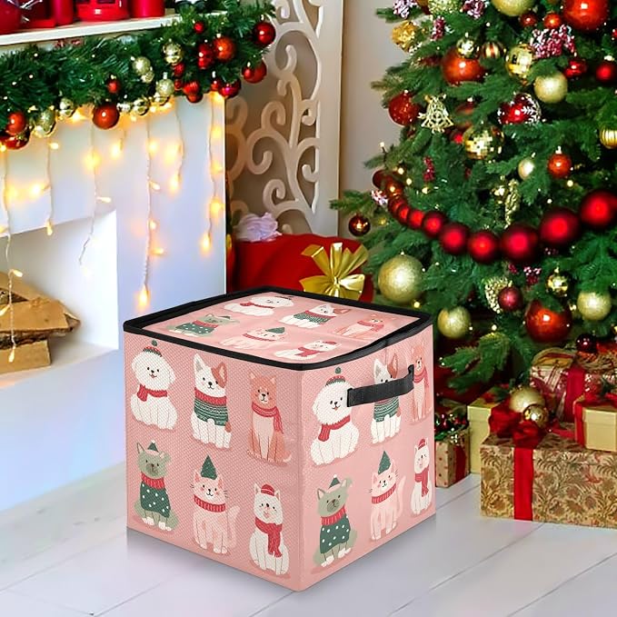 OTVEE Christmas Ornament Storage Box Holiday Decoration Organizer Stores upto 64 Holiday Ornaments Adjustable Dividers Tear-Proof Fabric Christmas Pets Charm
