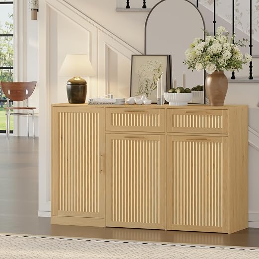 Double 13 Gallon Pull Out Trash Can Cabinet with Storage Cabinet,Natural | Pet Proof Hidden Garbage Can Cabinet,3-Tier Shelves,Fluted Design,Extra Drawer Space,Kitchen & Dining Room Organization