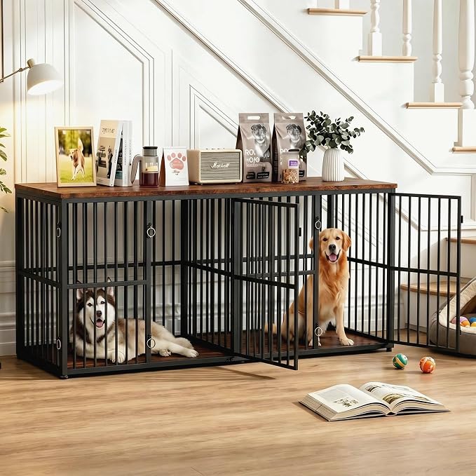 VOWNER 86.7" Double Dog Crate Furniture for 2 Large Dogs, Rustic Brown | Heavy Duty Wooden Dog Kennel with Removable Divider, XXL Dog Cage TV Stand End Table with 4 Doors, Double Locks for Each Door