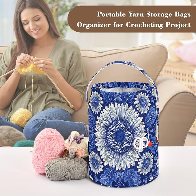 Tatenale Crochet Bag Yarn Bag Knitting Project Bag with Pockets and Handle Portable Yarn Storage Organizer Tangle Free 8.3x11 InchBlue and White Sunflowers Leaves10