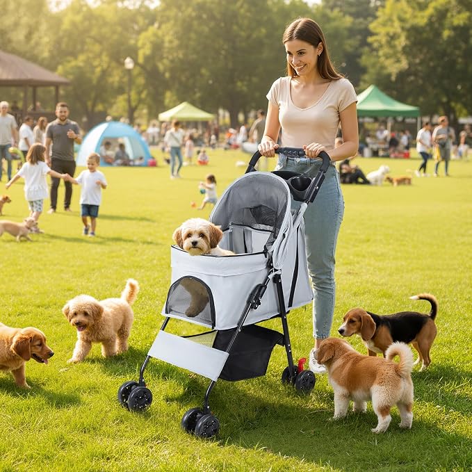 4 Wheel Pet Stroller for Small Medium Dogs, Foldable Cat Carriage with Breathable Mesh Windows, Cup Holder and Storage Basket, Portable Animal Strolling Cart Holds up to 22lbs Grey