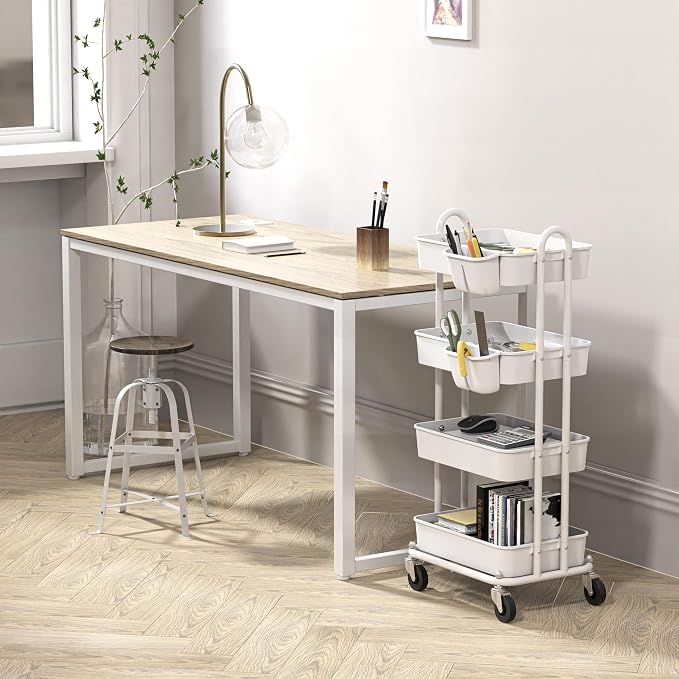 Simple Houseware 4-Tier Rolling Utility Cart with Hanging Bucket, White | Storage for Bathroom, Kitchen, Office, Study Room, Nursery Diaper