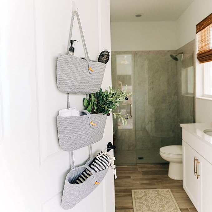 OrganiHaus Over the Door Organizer, Woven Rope Hanging Baskets, 3-Tier | Cotton Wall Storage Basket For Nursery Decor, Entryway, Bathroom, Playroom Or Dorm, Mounts On Door Or Wall, Light Gray