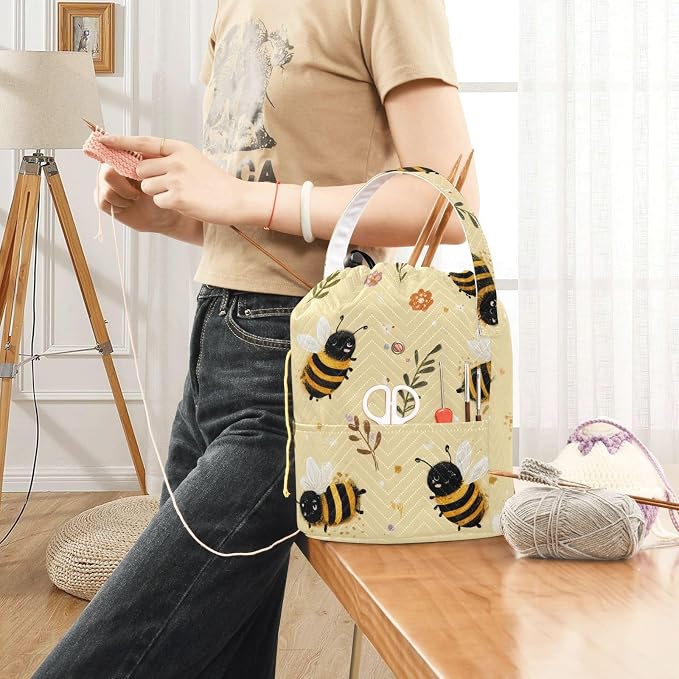Tatenale Crochet Bag Yarn Bag Knitting Project Bag with Pockets and Handle Portable Yarn Storage Organizer Tangle Free 8.3x11 InchLight Yellow Bees Flowers Dots24