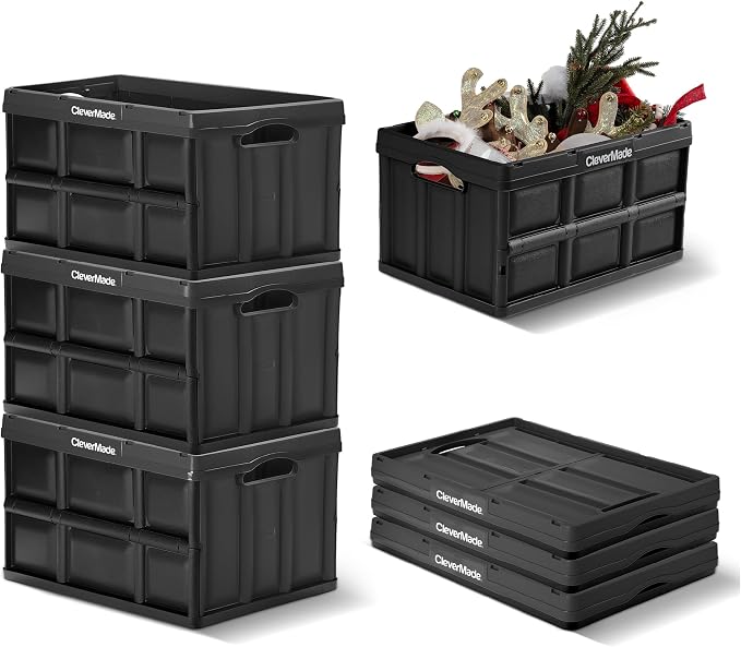 CleverMade Collapsible Storage Bins, 46L, 3 Pack Foldable Storage, Obsidian | Carry Groceries, Tools, and Gear Without Bulky Totes | Each Bin Holds 75 lb, Stacks Securely, and Folds to 2.75 Inches