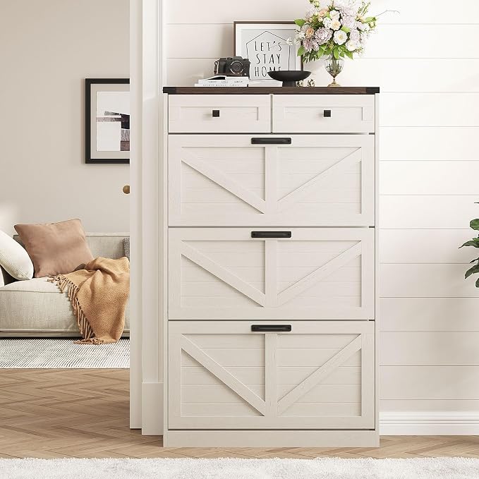 Halitaa Shoe Cabinet with 3 Flip Drawers & 2 Drawers,Freestanding Shoe Storage Cabinet for Entryway,Farmhouse Narrow Slim Organizer Rack for Foyer,Hallway,White