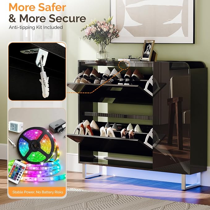VINGLI Black Shoe Cabinet with LED Lights, Narrow Shoe Storage Organizer with 2 Flip Drawers & Side Cabinet for Tall Boots, Slim Entryway Hidden Shoe Rack Space Saving, Modern High Gloss, 42"