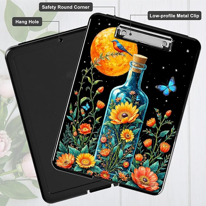 Heavy Duty Storage Clipboard, Slim Nursing Clipboard with Internal Pen Case, Portable File Organizer Case for A4 Letter Size Paper Office Medical Professionals, Drift Bottle Flowers Birds