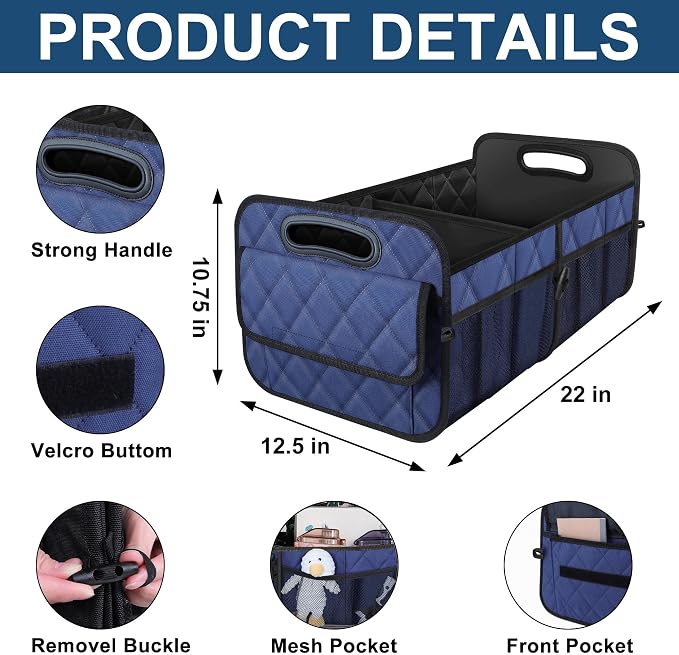 Deosk Car Trunk Organizer for SUV, Car Organizers and Storage with Reinforced Handles, Car Accessories for Women/Men 50L Waterproof Polyester Trunk Organizer(Medium, Dark Blue)