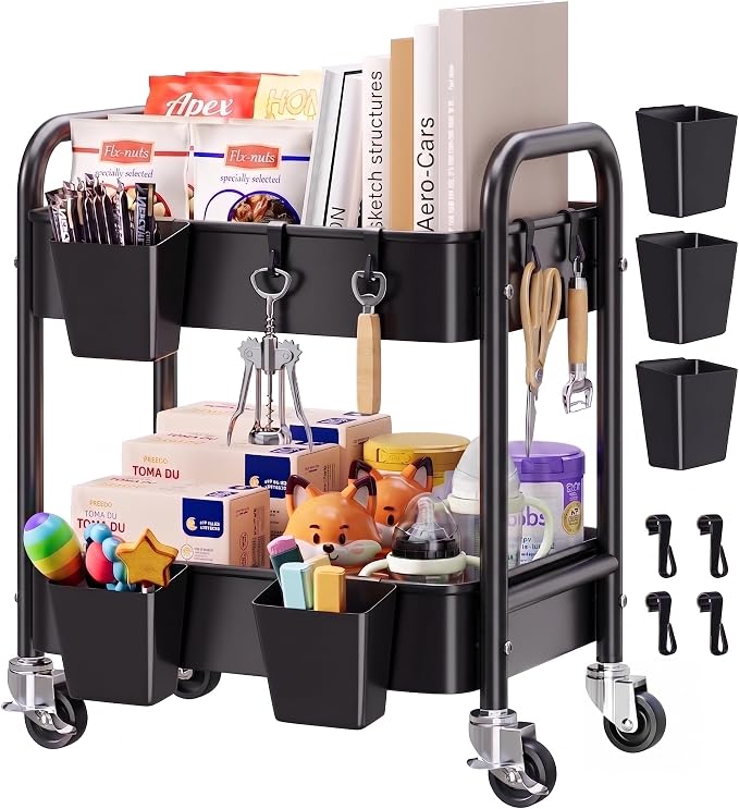 2 Tier Small Rolling Cart Metal with Wheels, Black Under Desk Storage Carts on Wheels, Short Utility Roller Shelf Trolley Organizer for Pantry, Kitchen, Office, Two Tiered Mobile Side Table, 22in Tall