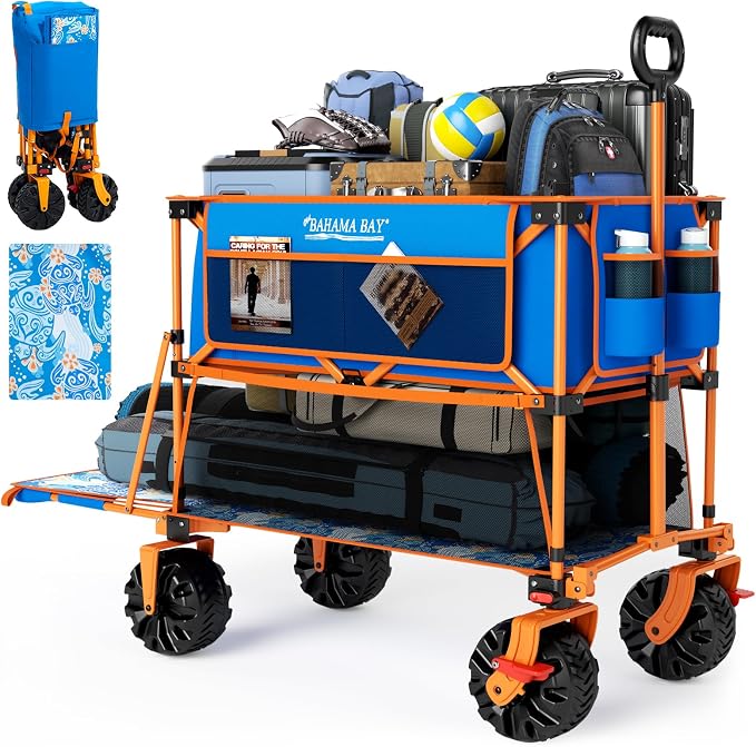 Old Bahama Bay 400L Collapsible Double Decker Beach Wagon with Brakes, Folding Beach Cart with 54" Extra Long Decker, 450LBS Heavy Duty Wagon Chart with All-Terrain Big Wheels for Sand Camping Garden