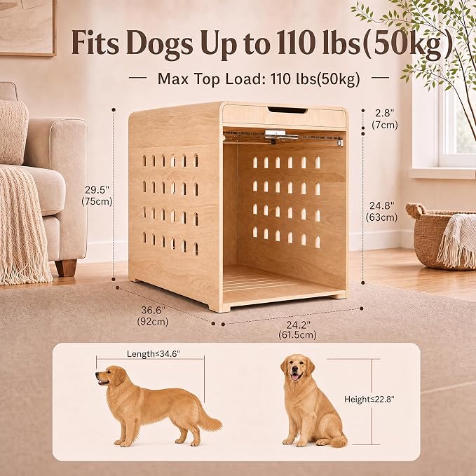 Modern Dog Crate Furniture Wooden Kennel Charging Station End Table Oak | Nightstand, Dog Cage Indoor, up to 110 lb, Flip-Up Acrylic Door, Storage Drawer, for Large Medium Dogs, Living Room Bedroom