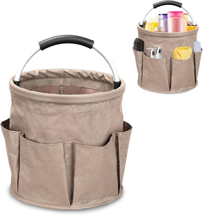 17L Portable Cleaning Bucket Organiser, 6 Pockets Foldable Cleaning Caddy with Handle Wearable Cleaning Caddy Bag for Outdoor Camping Garden Harvest Basket Home Bathroom Storage (Khaki)