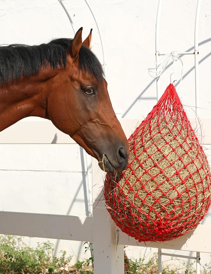 Harrison Howard Slow Feed Hay Net for Horses, 40 Inch Hay Bag Holds 1–2 Flakes, 2 Inch Mesh Durable Hanging Feeder for Stable, Pasture & Livestock-Red