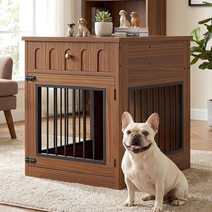 IRONCK 25.6" Wooden Dog Crate Furniture with Storage for Small Dogs | Drawer and flip top keep pet supplies tidy. Reinforced steel frame. Walnut finish for living rooms and hallways.