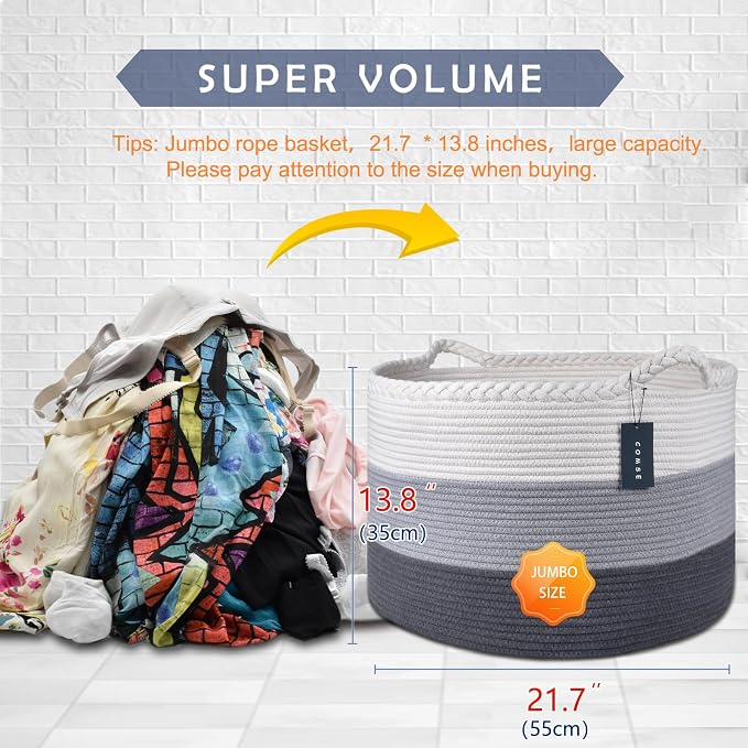 COMSE Large Woven Blanket & Laundry Basket, 87L, White & Gray | 21.7" x 13.8", Cotton Rope, Nursery Hamper for Storage of Toys Clothes Towels, Ideal for Living Room Bedroom Bathroom