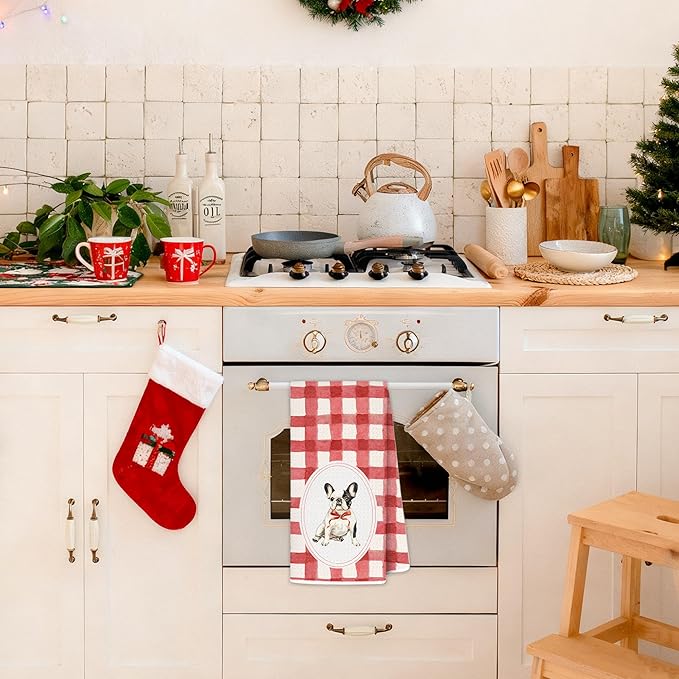 Red Plaid French Bulldog Kitchen Towels 16x24 Inch, French Bulldog Gifts Decorative Hand Towels for Bathroom, Red Checkered Frenchie Dog Dish Tea Towel Drying Cloth