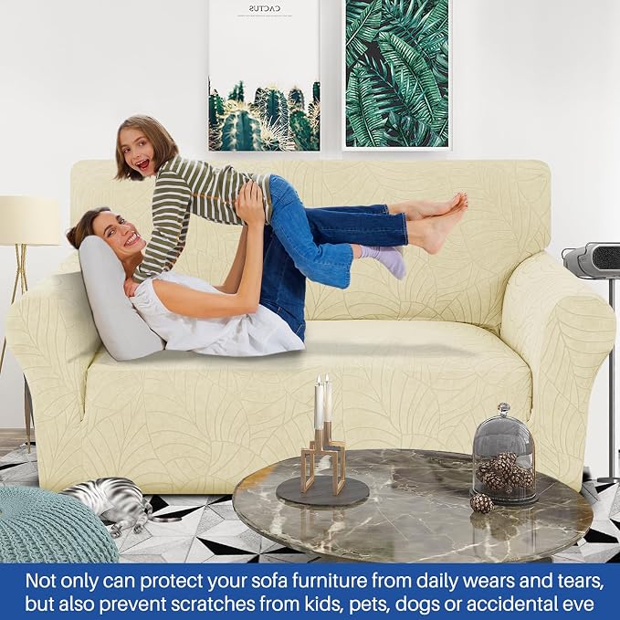 YEMYHOM Couch Cover Latest Jacquard Design High Stretch Sofa Covers for 2 Cushion Couch, Pet Dog Cat Proof Loveseat Slipcover Non Slip Elastic Furniture Protector (Medium, Begonia Leaf Beige)