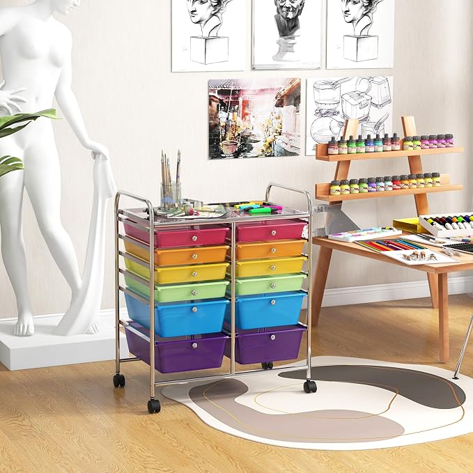 12 Drawer Rolling Storage Cart, Art Cart Organizer on Wheels, Mobile Utility Cart with Drawers, Multipurpose Craft Drawers for Home Office School Classroom (Rainbow)