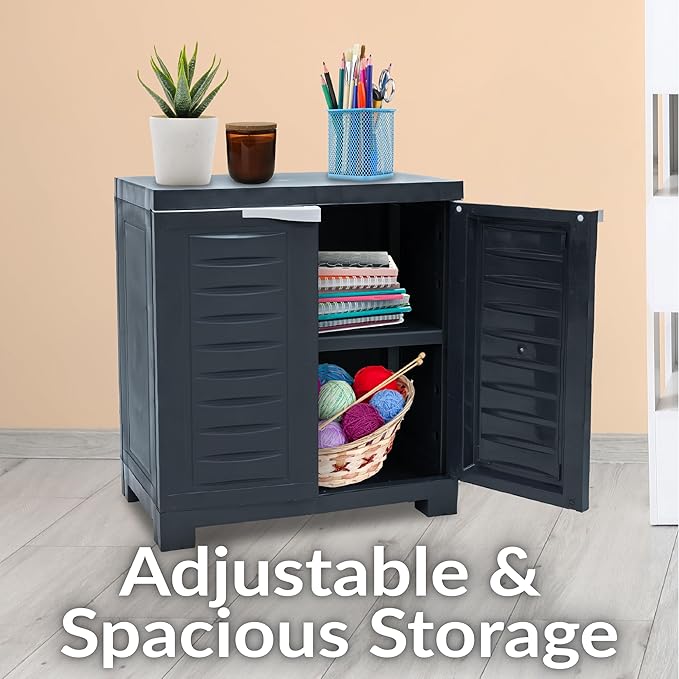 Sunnydaze 25.5" Garage Storage Cabinet with Adjustable Shelf, Charcoal | Heavy Duty Resin Storage Cabinet Resists Rust & Peeling, Easy-Clean Utility Cabinet with Doors for Garage, Closet, Office