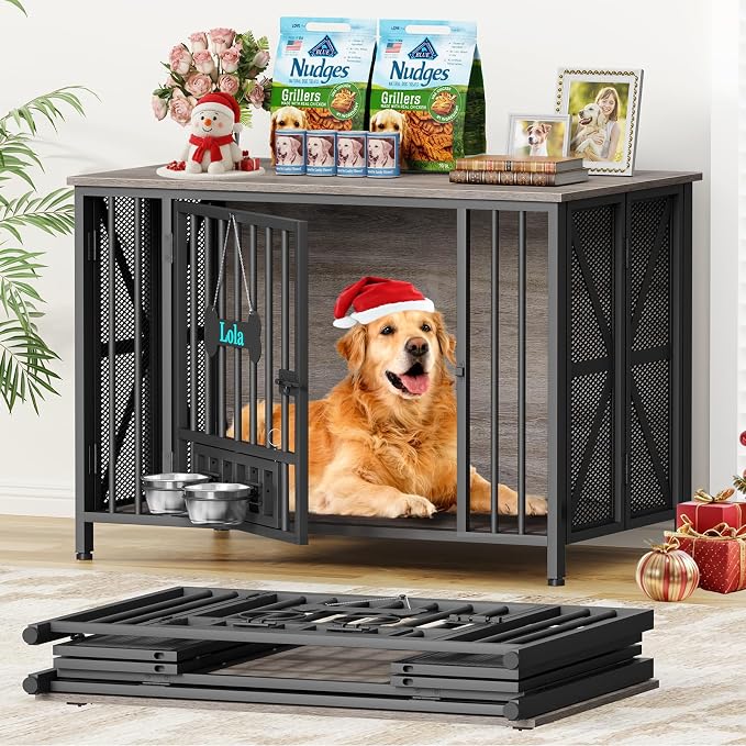 EasyCom Foldable Dog Crate Furniture, 41.3" Dog Crates for Medium/Large Dogs, Wooden Dog Kennel Indoor with Tag & Adjustable Bowls, Dog Cage Use as End Table/TV Stand, Oak Grey | Foldable Large Dog Crate Furniture for Large Dogs, Wooden Dog Cage Use as...