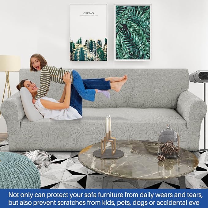 YEMYHOM Couch Cover Latest Jacquard Design High Stretch Extra Large Sofa Covers Pet Dog Cat Proof Oversized Slipcover Non Slip Magic Elastic Furniture Protector (X-Large, Begonia Leaf Light Gray)
