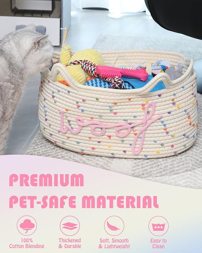 Sea Team Dog Toy Storage Basket with Handles and Ears, Rainbow Woof | Large Cotton Rope Storage Bin, Shelf Basket, Organizer for Pet Chew Toys, Foods, 16.5 x 11 x 7 Inches, 4.4 Gallons
