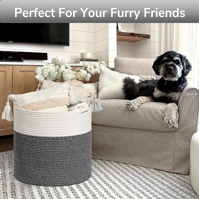 Goodpick Woven Rope Blanket Basket Living Room, 40L, Dark Grey | Baby Laundry Basket with Handles, Holds Clothes, Blankets & Pillows,Toys Storage for Kids