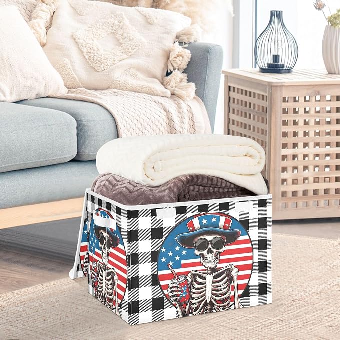 Fabric Storage Bins with Lid America Skull Closet Storage Basket 40L | Decorative Storage Boxes, Foldable & Stackable, Dust-Proof Flip Top, Reinforced Handles, For Home & Dorm, Clothes & Toy Box