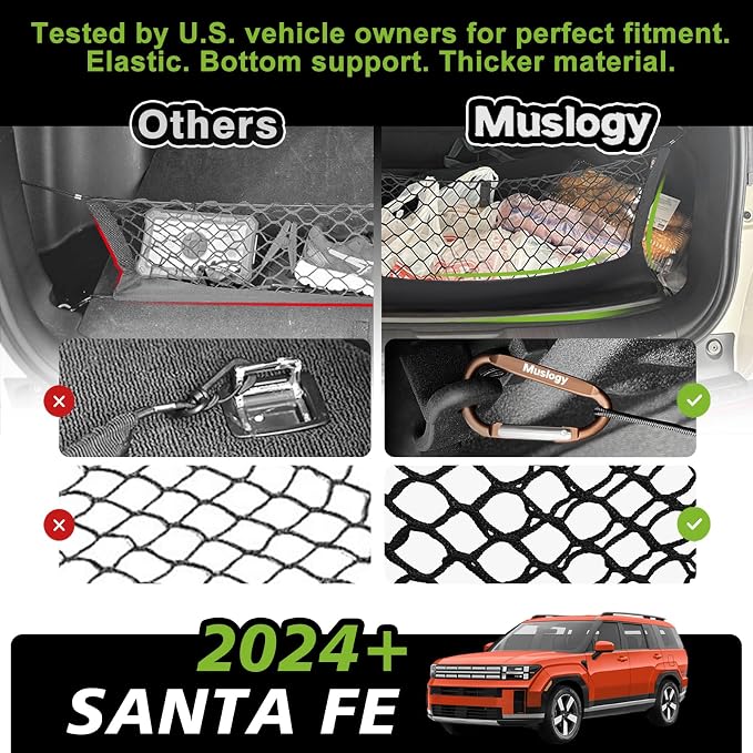 Muslogy Cargo Net for 2024 2025 2026 Hyundai Santa Fe Accessories | Custom Fit, Trunk Storage Organizer Net for SUV Sedan Van Divider, with Heavy Duty Carabiners, Night Visible Grab Handle