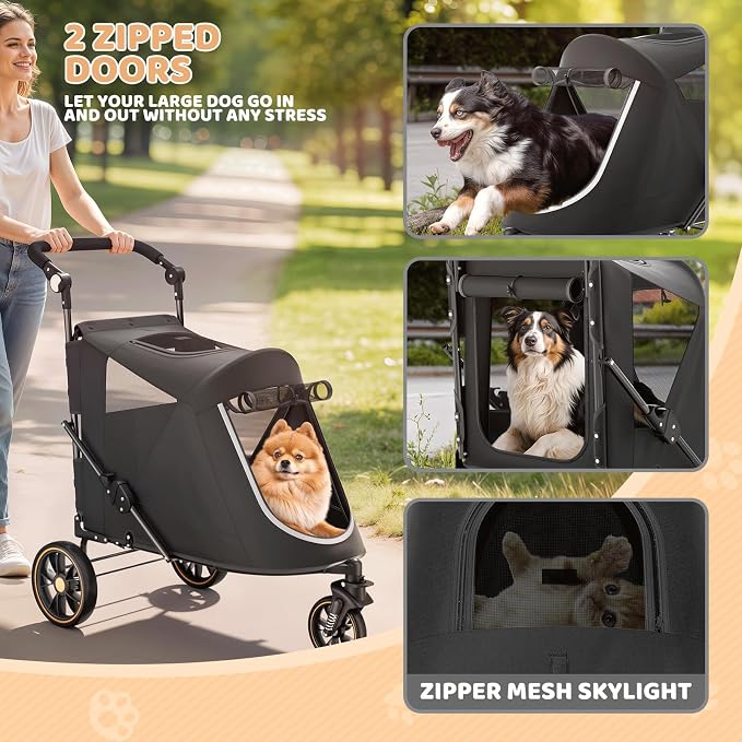 Magshion Pet Stroller for Medium Large Dog, 3-Wheel Foldable Jogger, Black | All-Terrain with Adjustable Handle, Dual Entry, Rear Storage, Breathable Mesh, One-Foot Brake, Up to 55 lbs