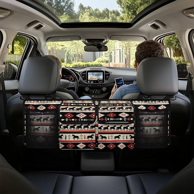 Dreaweet Southwestern Tribal Horse Hanging Trunk Organizer for SUV Car Minivan Foldable Car Trunk Organizer Back Seat Hanging with 4 Pockets